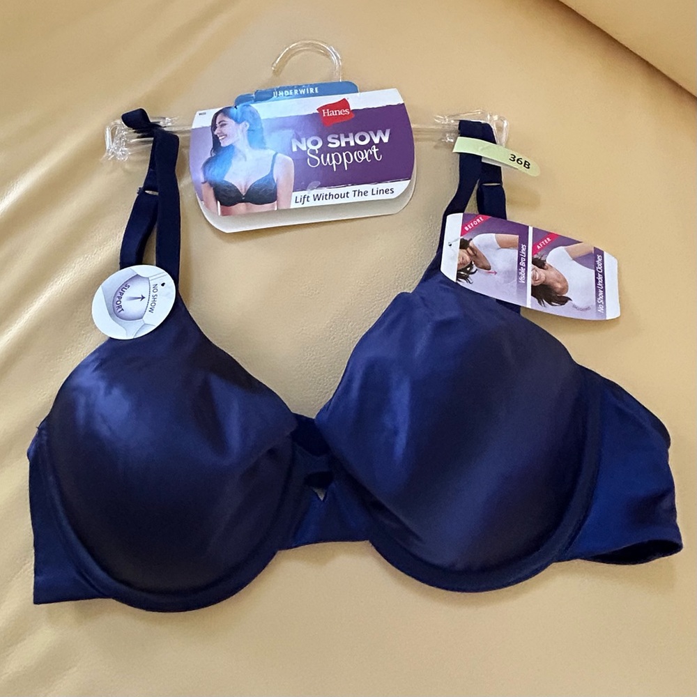 Hanes no show support underwire bra satin dark blue Sz 36B